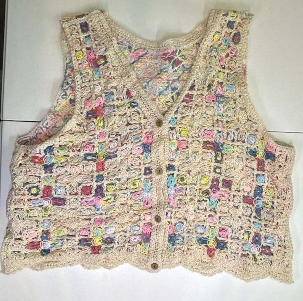 SHEIN Crochet Knit Sweater Vest Beige Multicolor Floral V-Neck